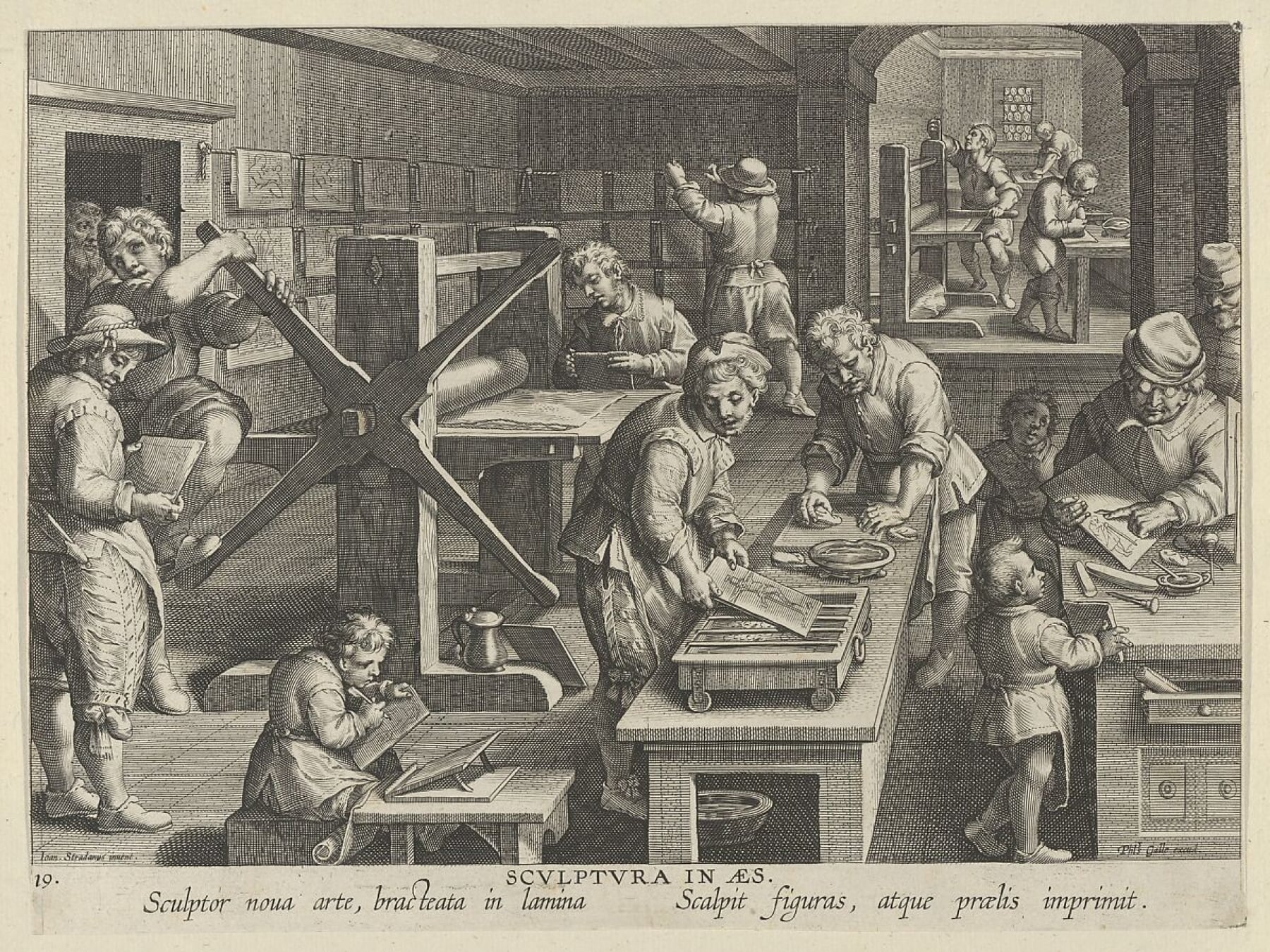 An engraving of a Renaissance printmaking workshop
